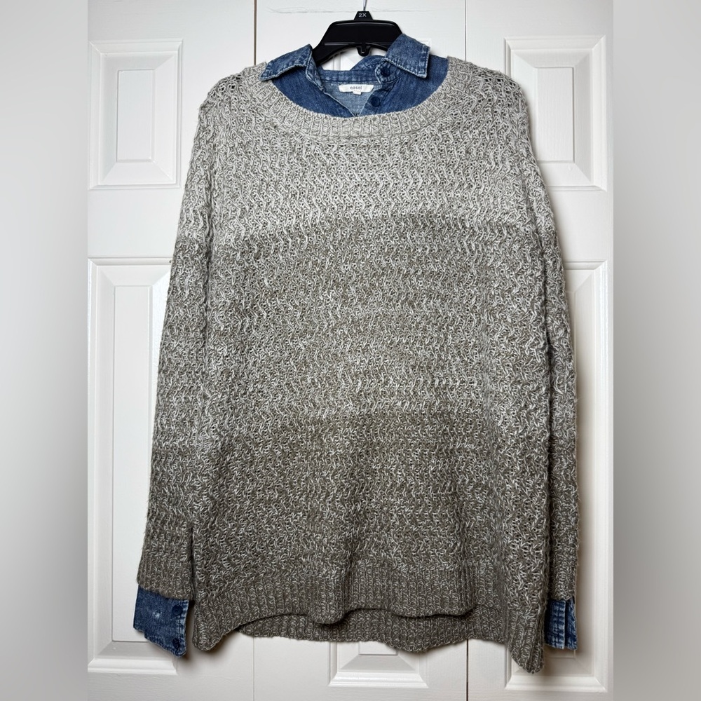 Easel Multi-tone Beige Sweater With Acid Wash Jean Collar Top